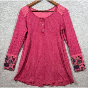 Soft Surroundings Pink Palmer Boho Floral Embroidery Thermal Top Size S